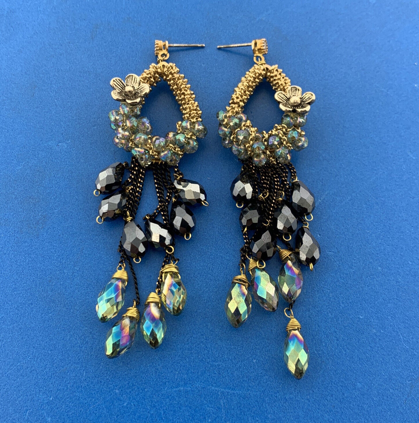 Gold Silver Tone Multi Colored Crystal Statement Pear Hoop Drop Dangle Earrings