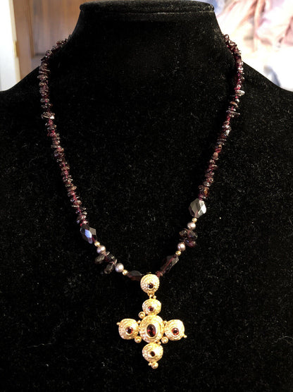 Vintage 925 Sterling Silver Gold Vermeil Amethyst Beaded Garnet Cross Necklace