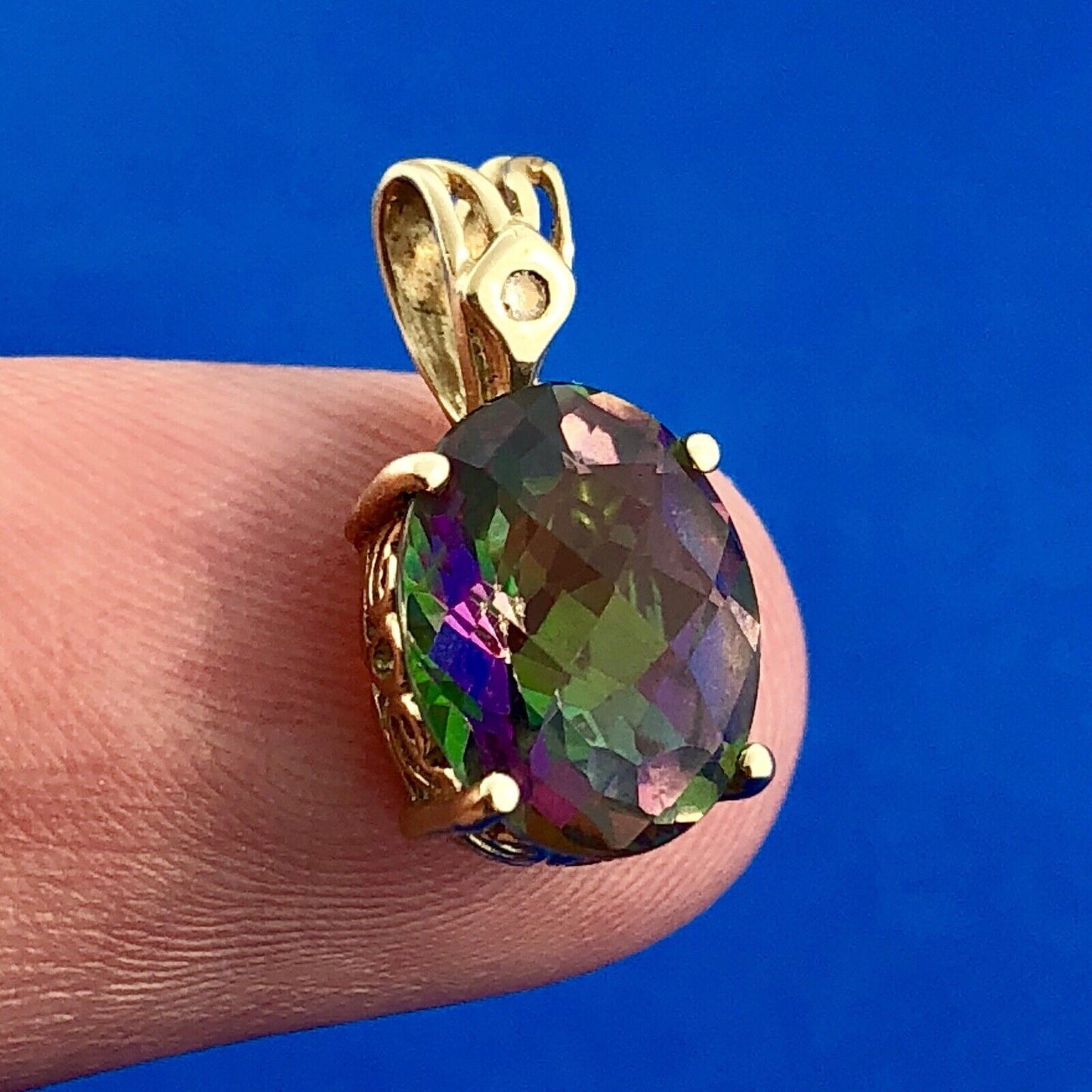 Designer 14k Yellow Gold Mystic Topaz Diamond Accent Pendant