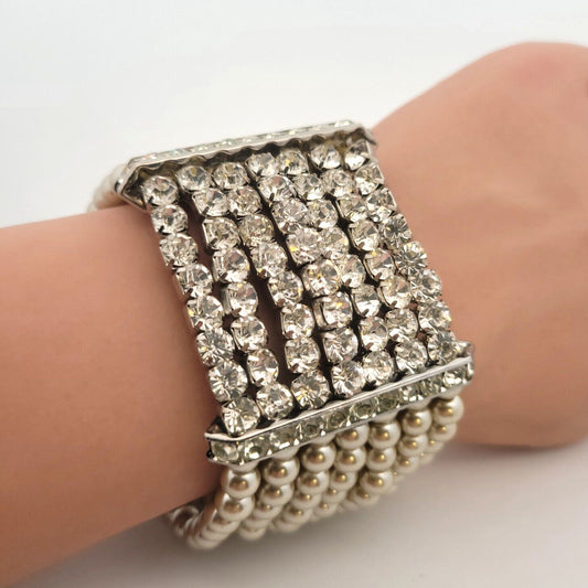 Vintage Runway Couture Silver Tone Faux Pearl Rhinestone Statement Cuff Bracelet