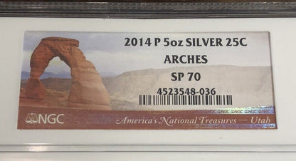 NGC 2014 P Arches Utah SP 70 America The Beautiful ATB 25C 5oz Silver Coin