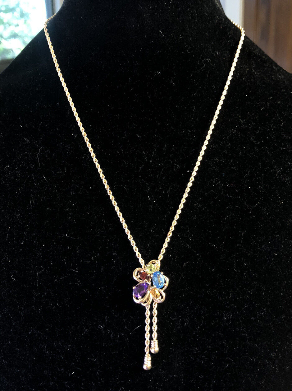 Vintage 14K Yellow Gold Multi Gemstone Flower Cluster Lariat Style Y Necklace