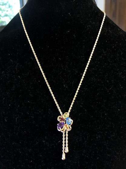 Vintage 14K Yellow Gold Multi Gemstone Flower Cluster Lariat Style Y Necklace