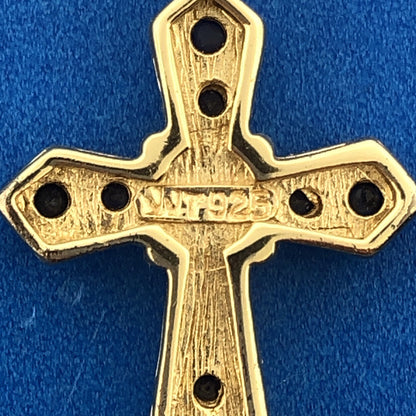 Designer JJT Vermeil Sterling Silver 925 Round Cut Sapphire Cross Faith Pendant
