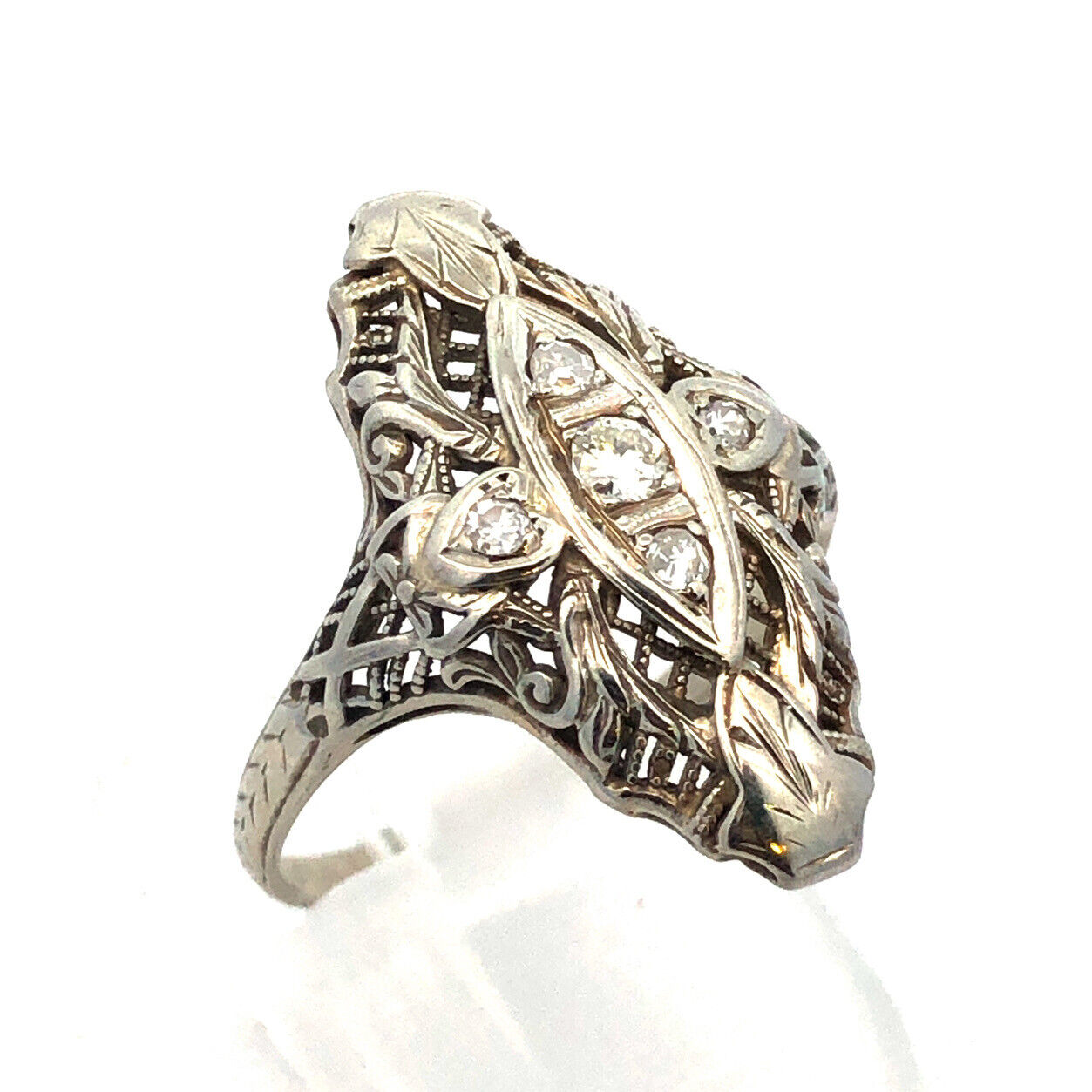 Art Nouveau Art Deco 18K White Gold Diamond Filigree Statement Finger Ring