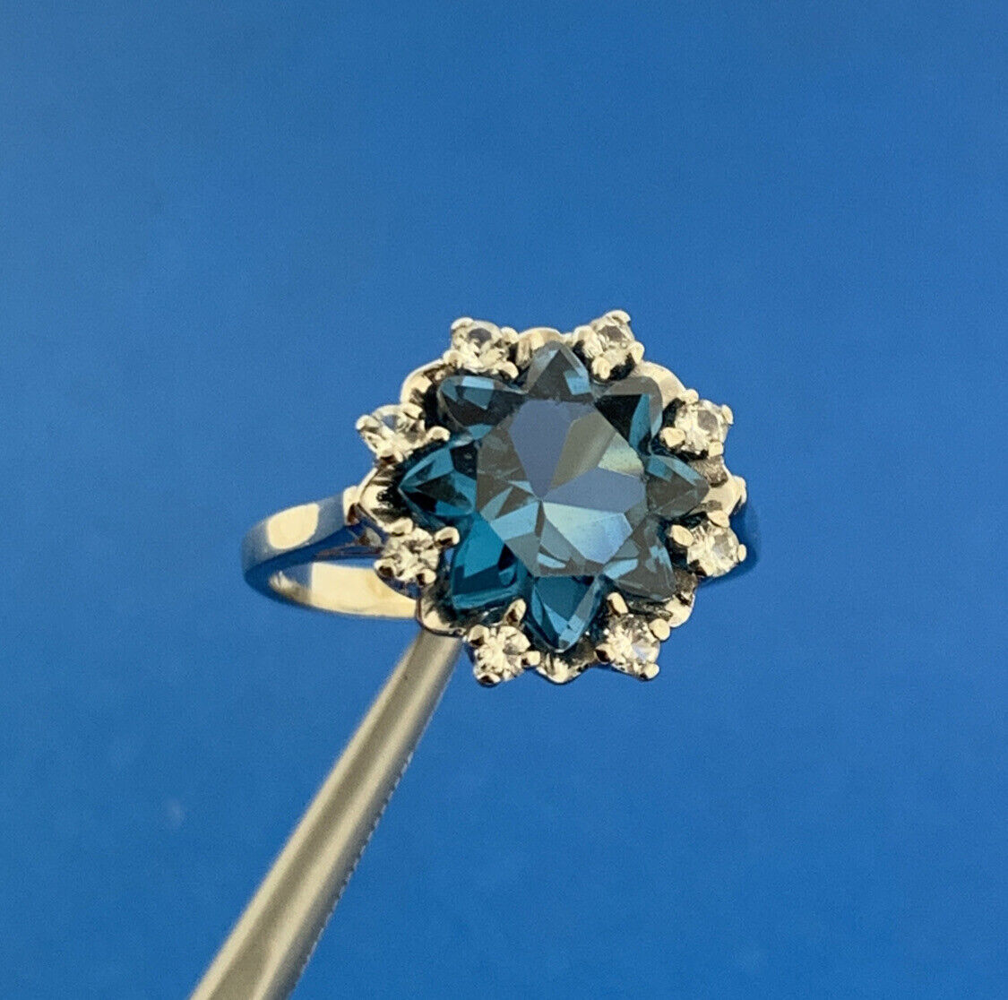 Designer 10K White Gold Blue Topaz Solitaire White Topaz Halo Anniversary Ring