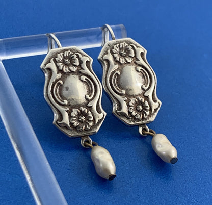 Vintage Pearl Dangle 925 Sterling Silver Floral Panel Hook Lever-back Earrings