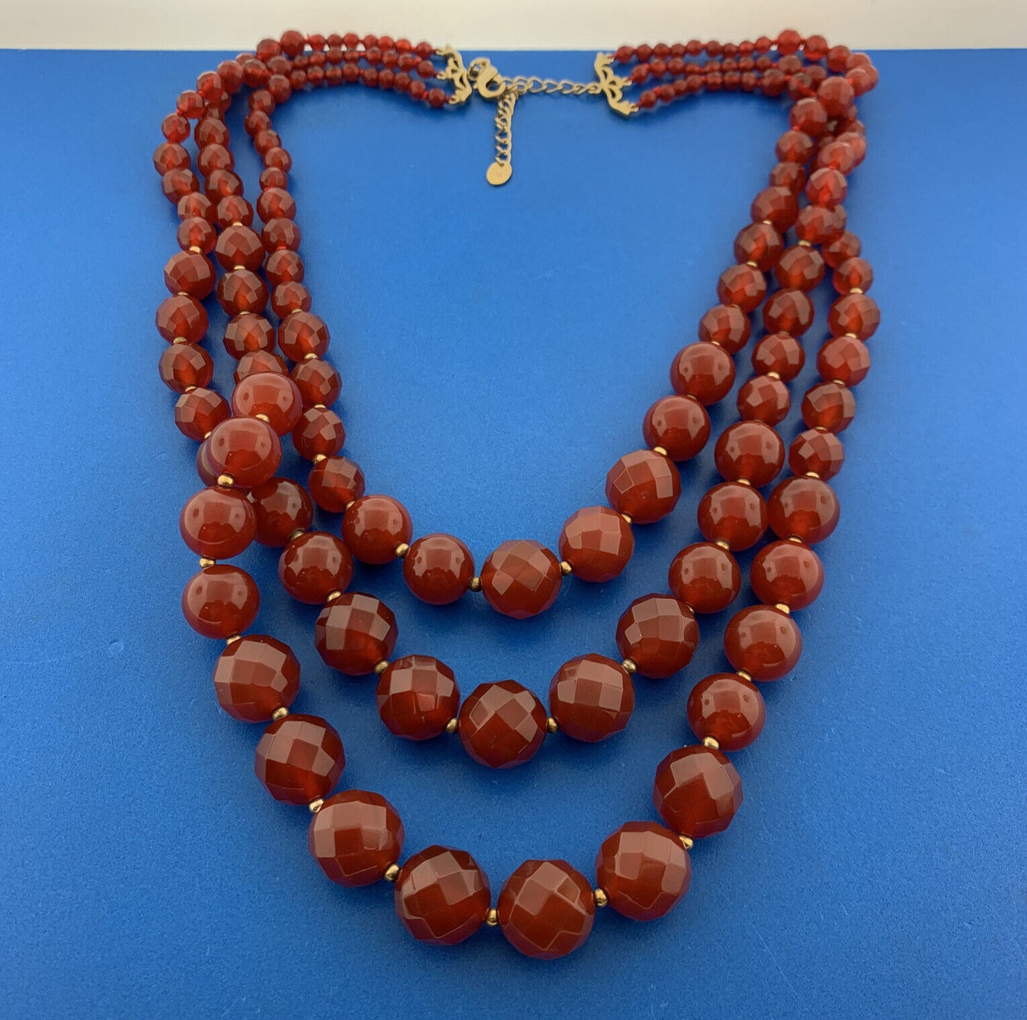 Designer Gold Tone Faceted Polished Carnelian Beads Graduated 3 Strand Necklace
