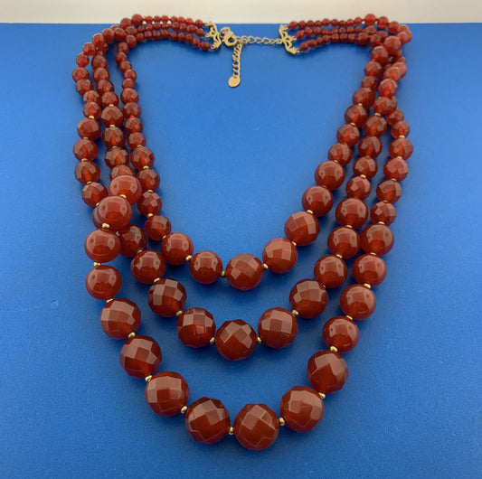 Designer Gold Tone Faceted Polished Carnelian Beads Graduated 3 Strand Necklace