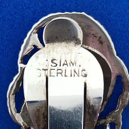 Antique Siam 925 Sterling Silver Aqua Enamel Nielloware Brooch Clip Earrings Set
