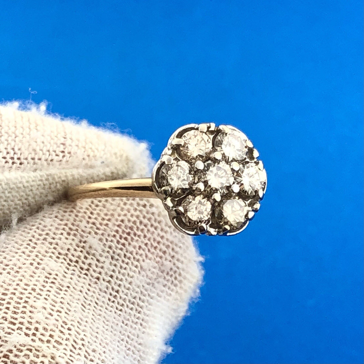 Estate 14K Yellow White Gold Diamond Floral Cluster Anniversary Cocktail Ring