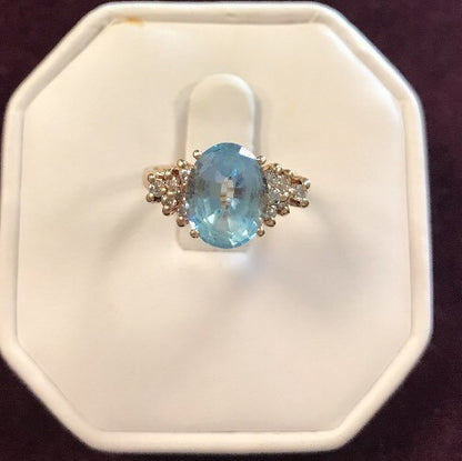 Vintage 10K Yellow Gold Blue Topaz Waterfall Diamond Engagement Anniversary Ring