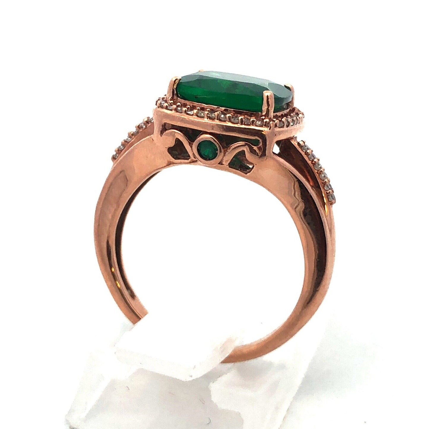 14K Rose Gold Princess Cut Emerald Pave Diamond Halo Cocktail Ring