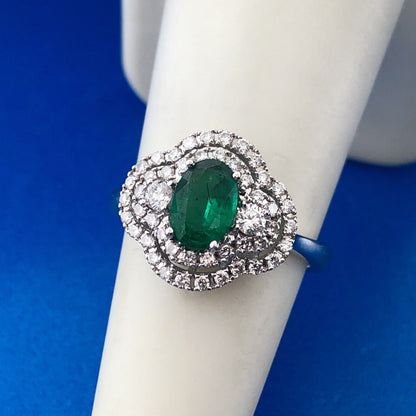 Stunning 18K White Gold Emerald Diamond Triple Halo May Anniversary Ring Size 6