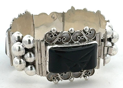 CBR Taxco Mexico 925 Sterling Silver Carved Black Onyx Statement Panel Bracelet