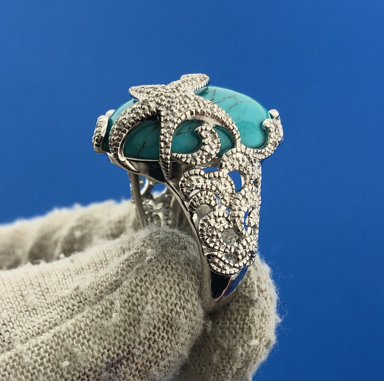 Designer EA Sterling Silver Turquoise Diamond Starfish Statement Cocktail Ring