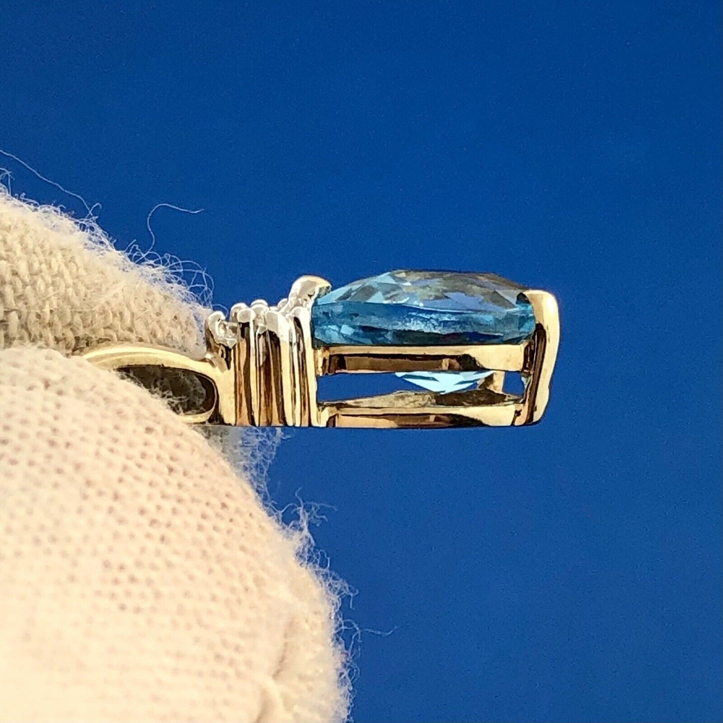 Estate 10k Yellow Gold Diamond Faceted Tear Drop Swiss Blue Topaz Pendant