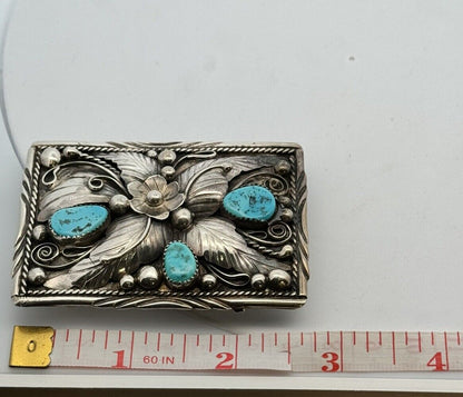Native American Jameson Lee 925 Sterling Silver Turquoise Floral Belt Buckle