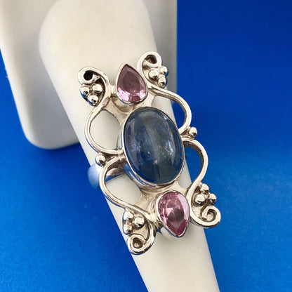Lovely Sterling Silver 925 Blue Quartz Pink Crystal Floral Finger Ring Size 6.75