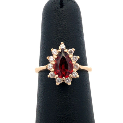 Designer 14K Yellow Gold Pear Red Tourmaline Cubic Zirconia Halo Cocktail Ring
