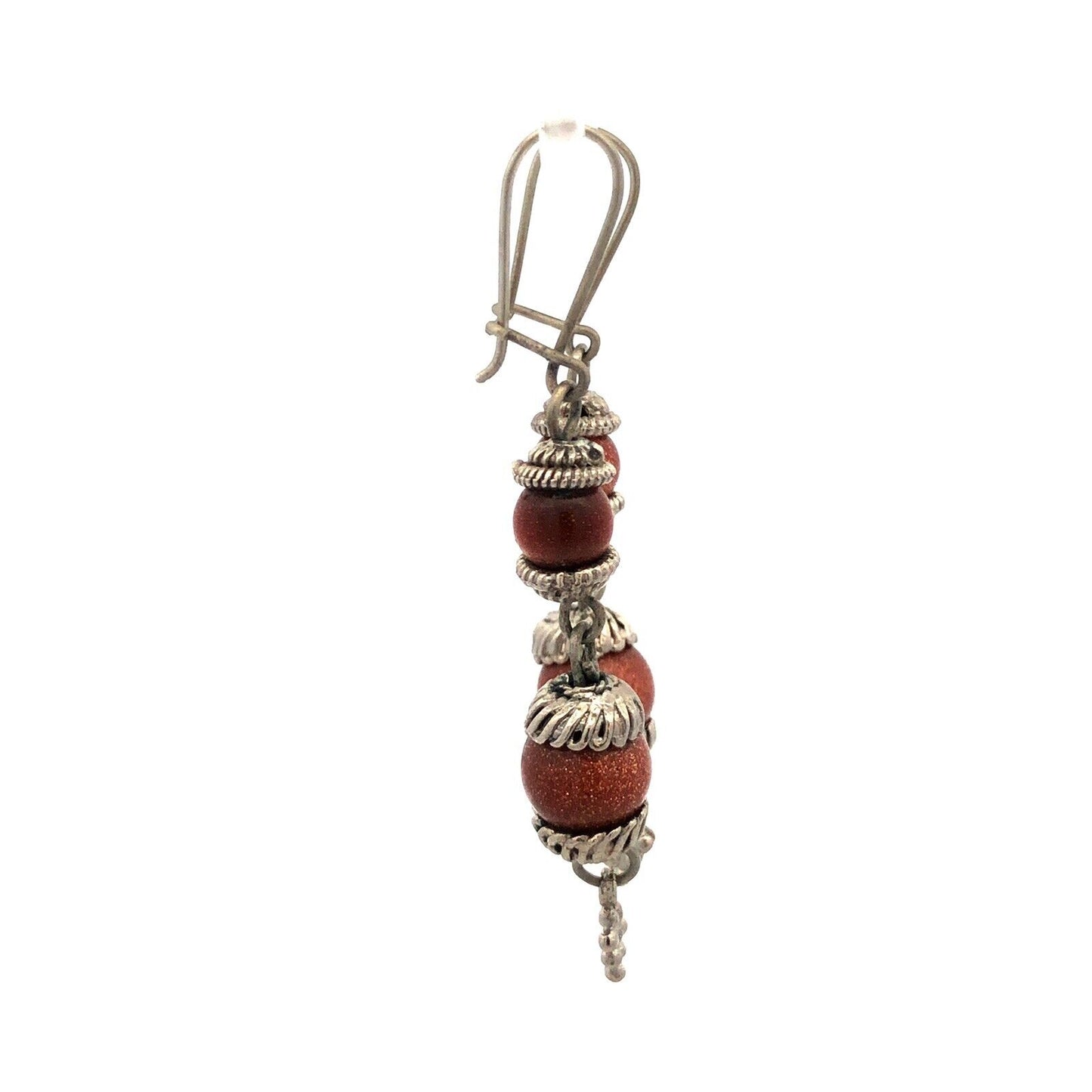 Vintage Silver Tone Orange Goldstone Glitter Beaded Hook Dangle Earrings