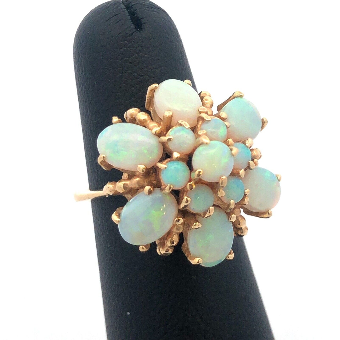 Stunning Vintage 14K Yellow Gold Opal Flower Cluster October Cocktail Ring