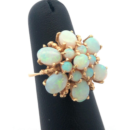 Stunning Vintage 14K Yellow Gold Opal Flower Cluster October Cocktail Ring