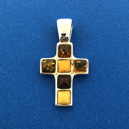 Vintage Poland Sterling Silver Baltic Amber Religious Communion Cross Pendant