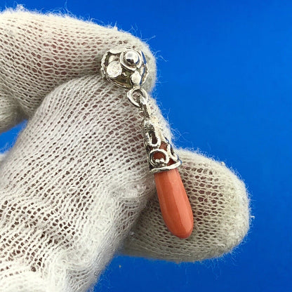 Stunning Sterling Silver 925 Cabochon Elongated Coral Dangle Earrings