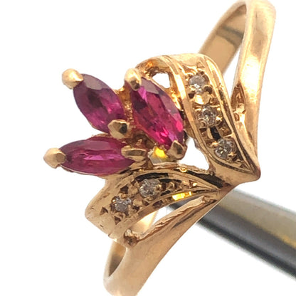 14K Yellow Gold Ruby Diamond Flower Cluster Anniversary Birthstone Cocktail Ring