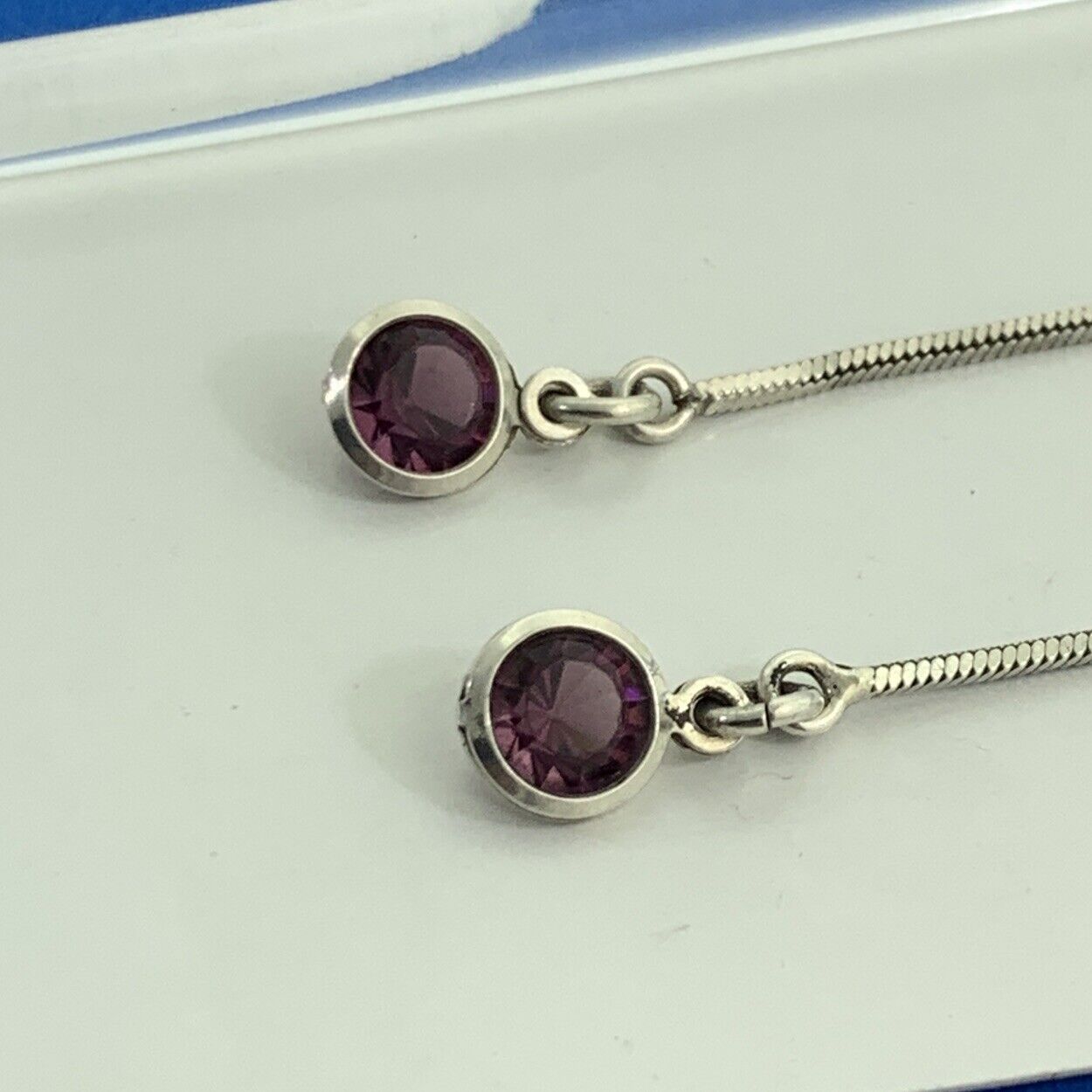 Italy Purple Amethyst 925 Sterling Silver Box Chain Dangle Stud Earrings