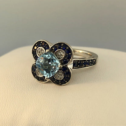 Le Vian 14K White Gold Blue Topaz Diamond Sapphire Flower Cluster Cocktail Ring