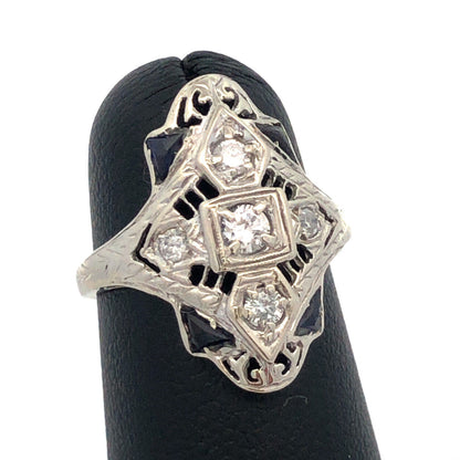 Vintage Art Deco 14K White Gold Diamond Lab Created Sapphire Filigree Oval Ring