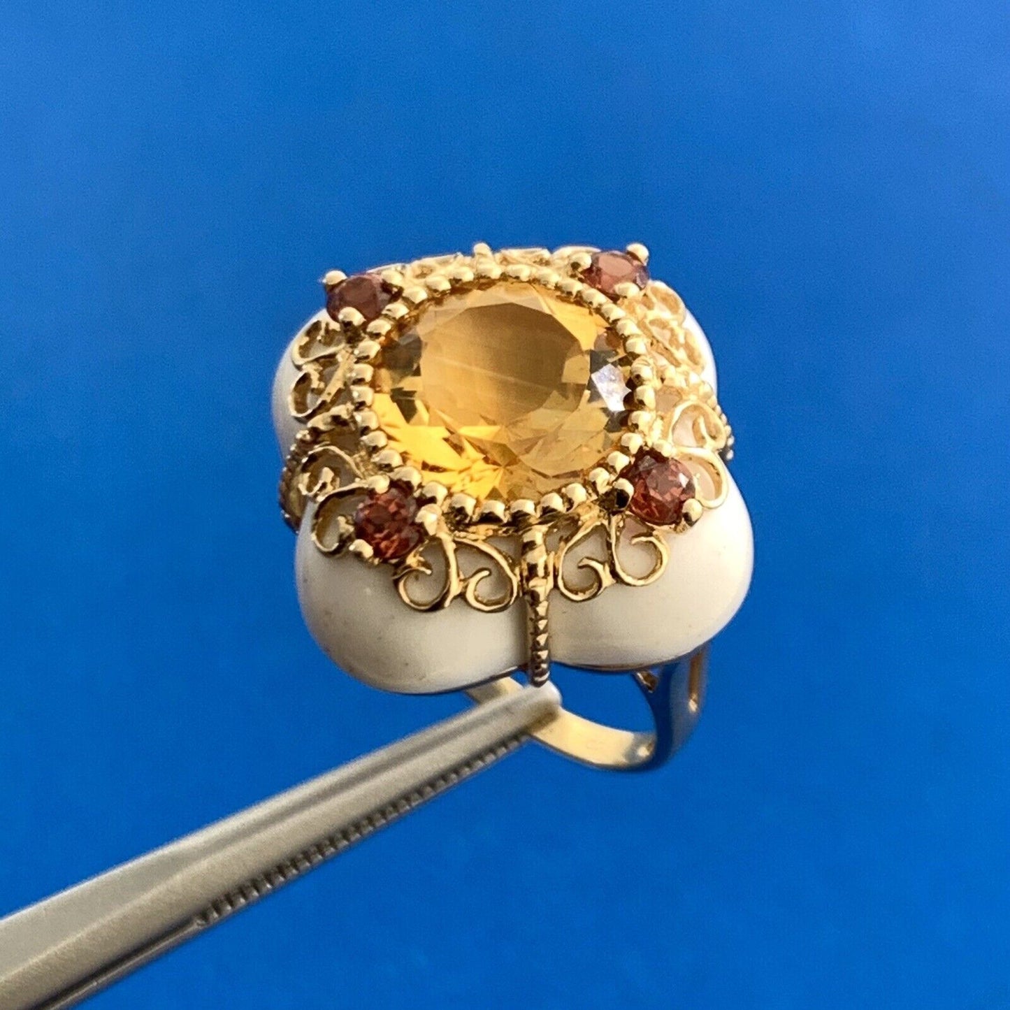 Designer 14K Yellow Gold Citrine Orange Tourmaline White Agate Statement Ring