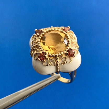 Designer 14K Yellow Gold Citrine Orange Tourmaline White Agate Statement Ring