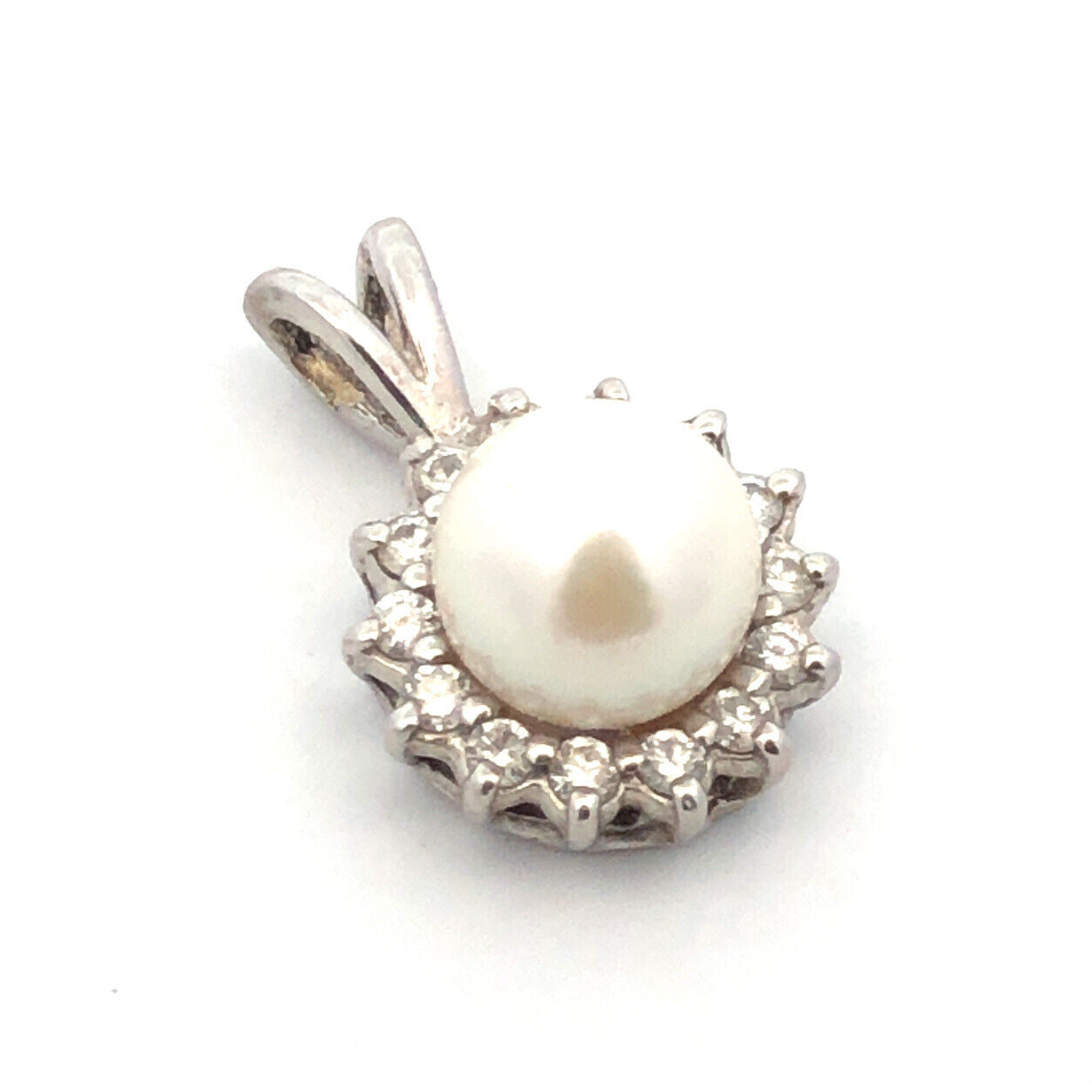 Designer BME 14K White Gold Round White Pearl Diamond Halo June Bridal Pendant