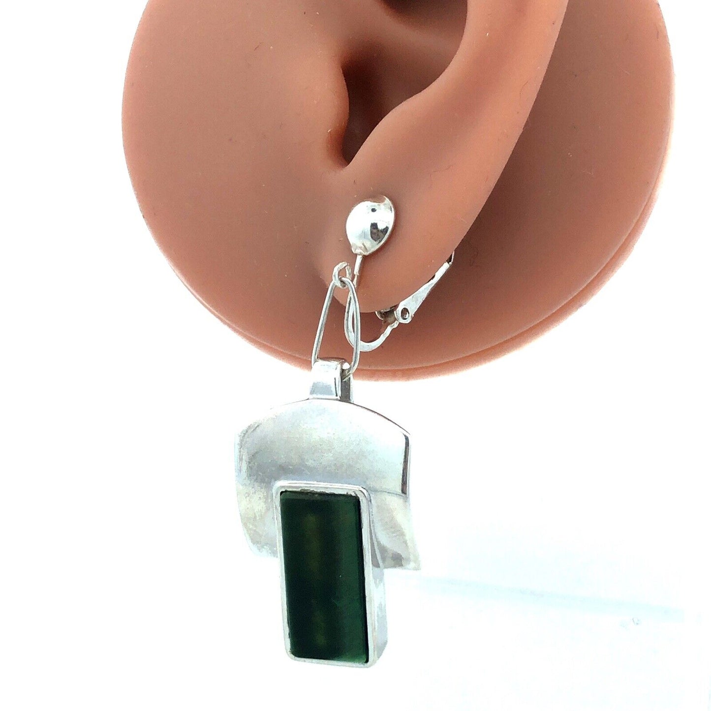 Designer Sterling Silver Chrysoprase Panel Modernist Statement Clip On Earrings