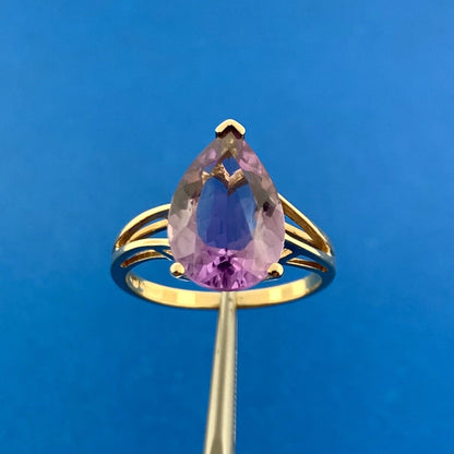 Designer 10k Yellow Gold Pear Cut Purple Amethyst Statement Ring Size 8.75