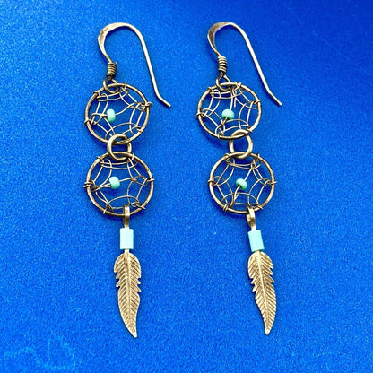 Artisan Sterling Silver 925 Turquoise Intricate Dream Catcher Dangle Earrings