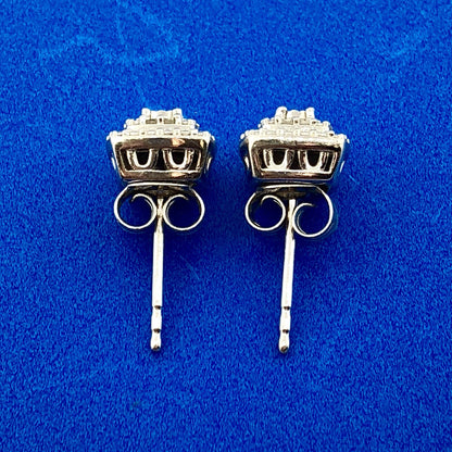 Elegant Sterling Silver 925 Diamond Three Tier Square Cluster Stud Earrings