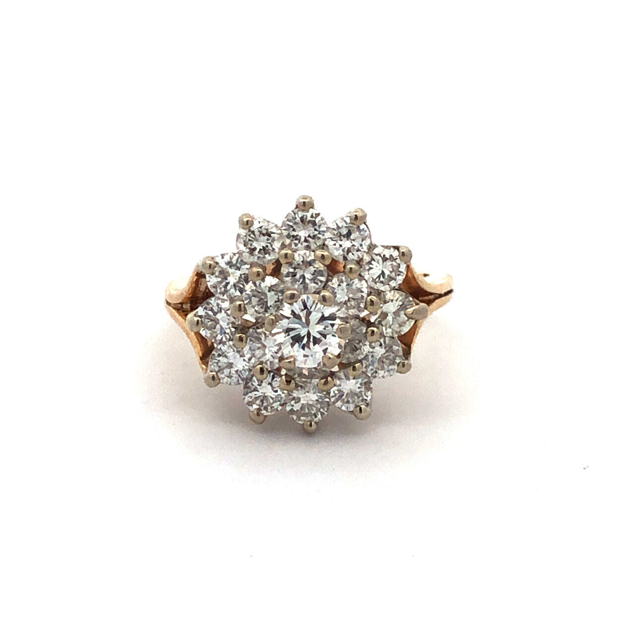 Designer 14K Yellow Gold Round Diamond Cluster Cocktail Statement Ring