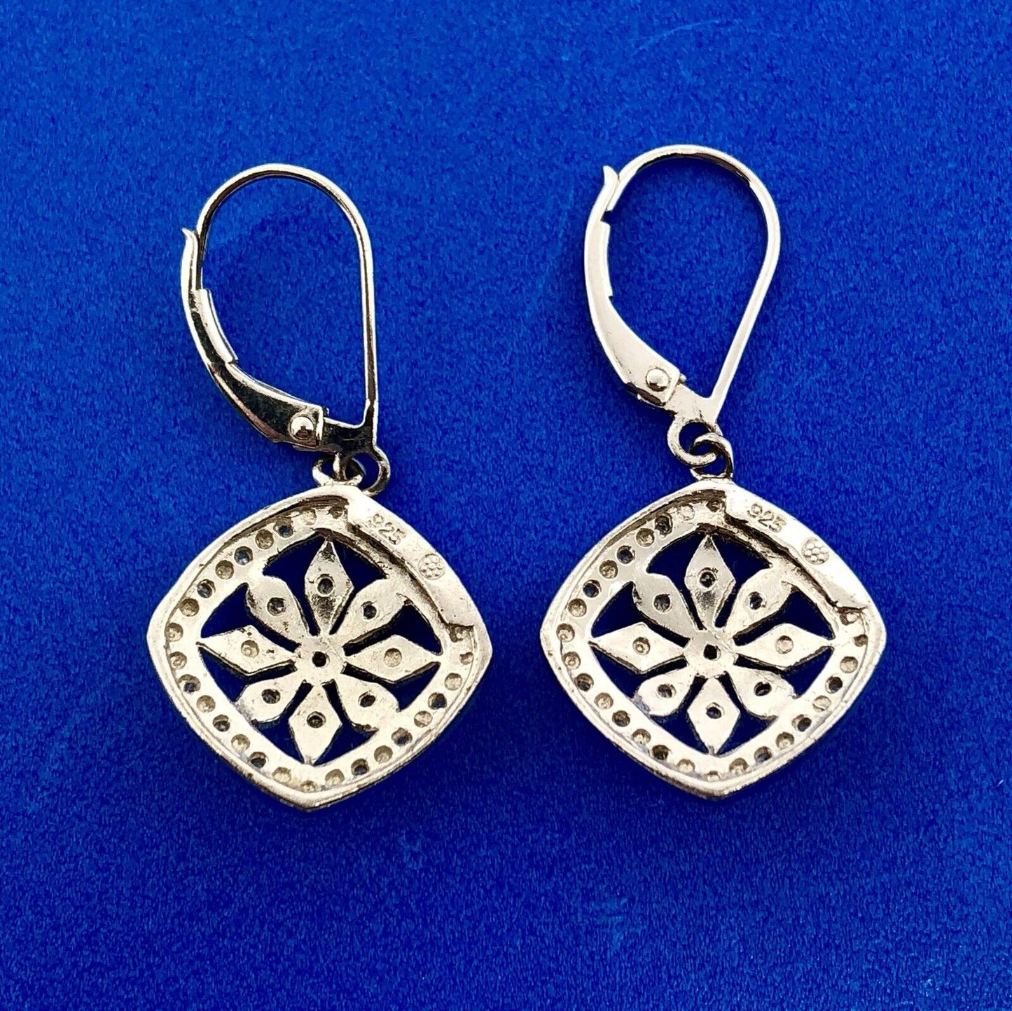 Designer Sterling Silver 925 Diamond Snowflake Flower Cluster Dangle Earrings