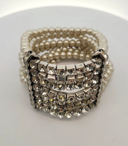 Vintage Runway Couture Silver Tone Faux Pearl Rhinestone Statement Cuff Bracelet