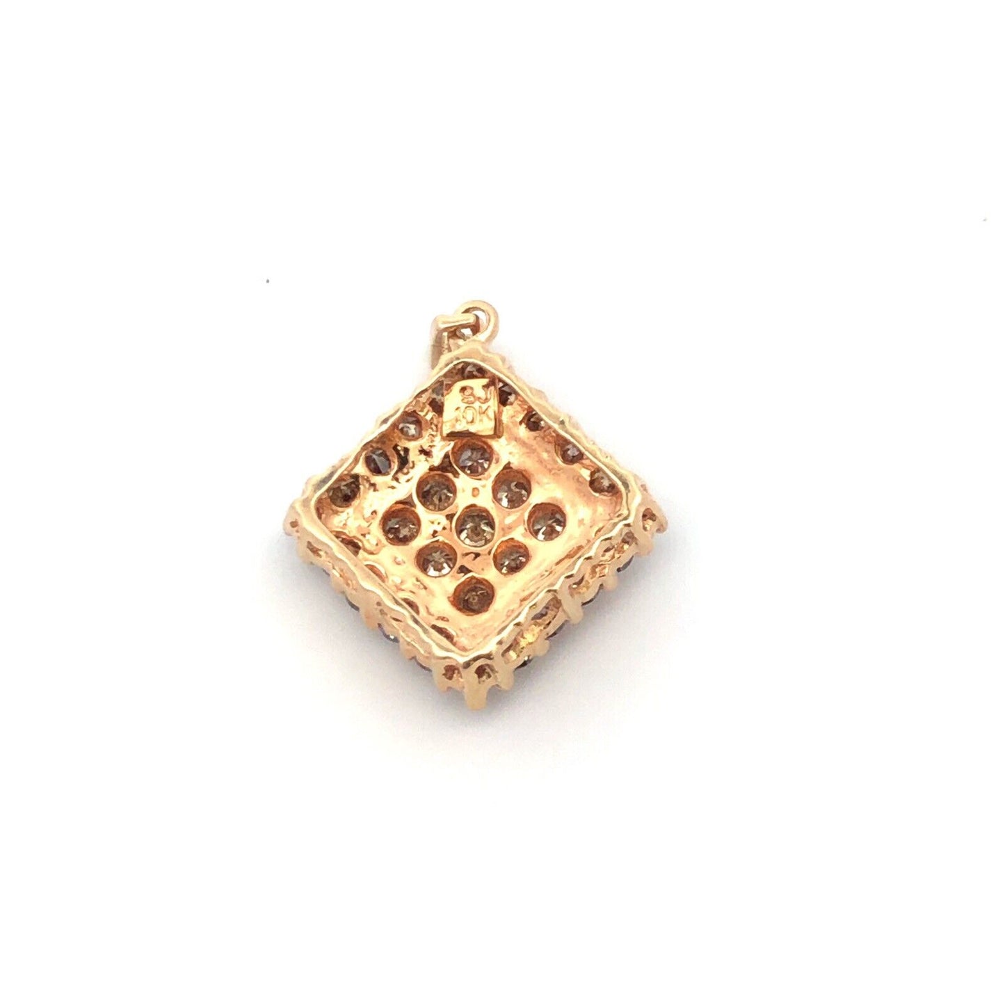 Designer SJ 10K Yellow Gold Round Champagne Diamond Square Statement Pendant