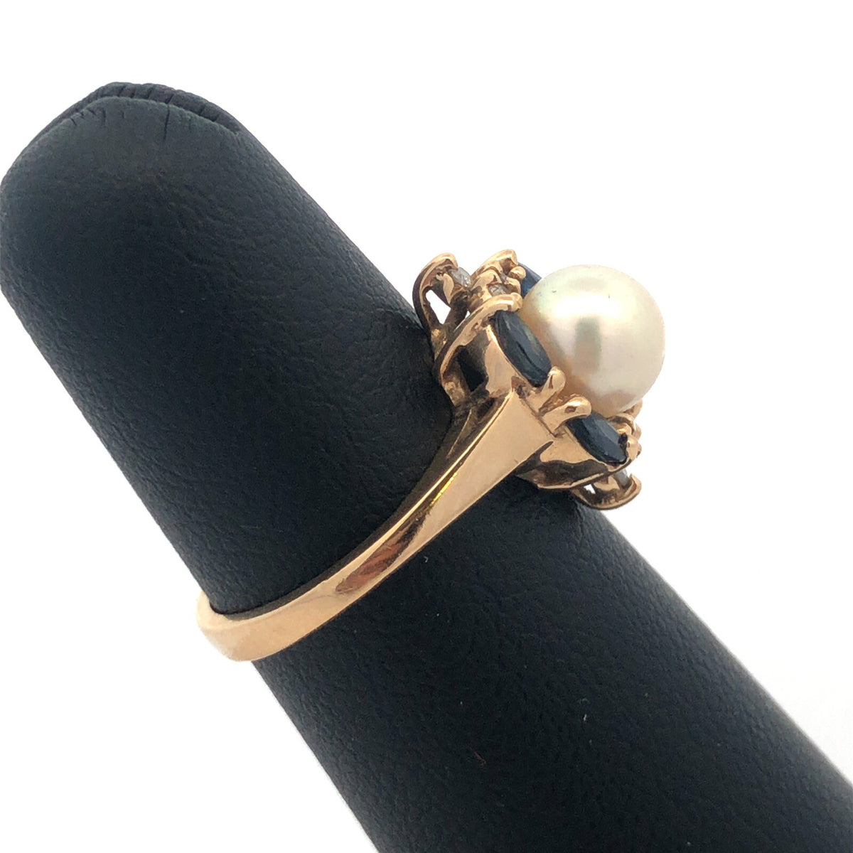 Designer 14K Yellow Gold Pearl Solitaire Sapphire Diamond Accented Cocktail Ring