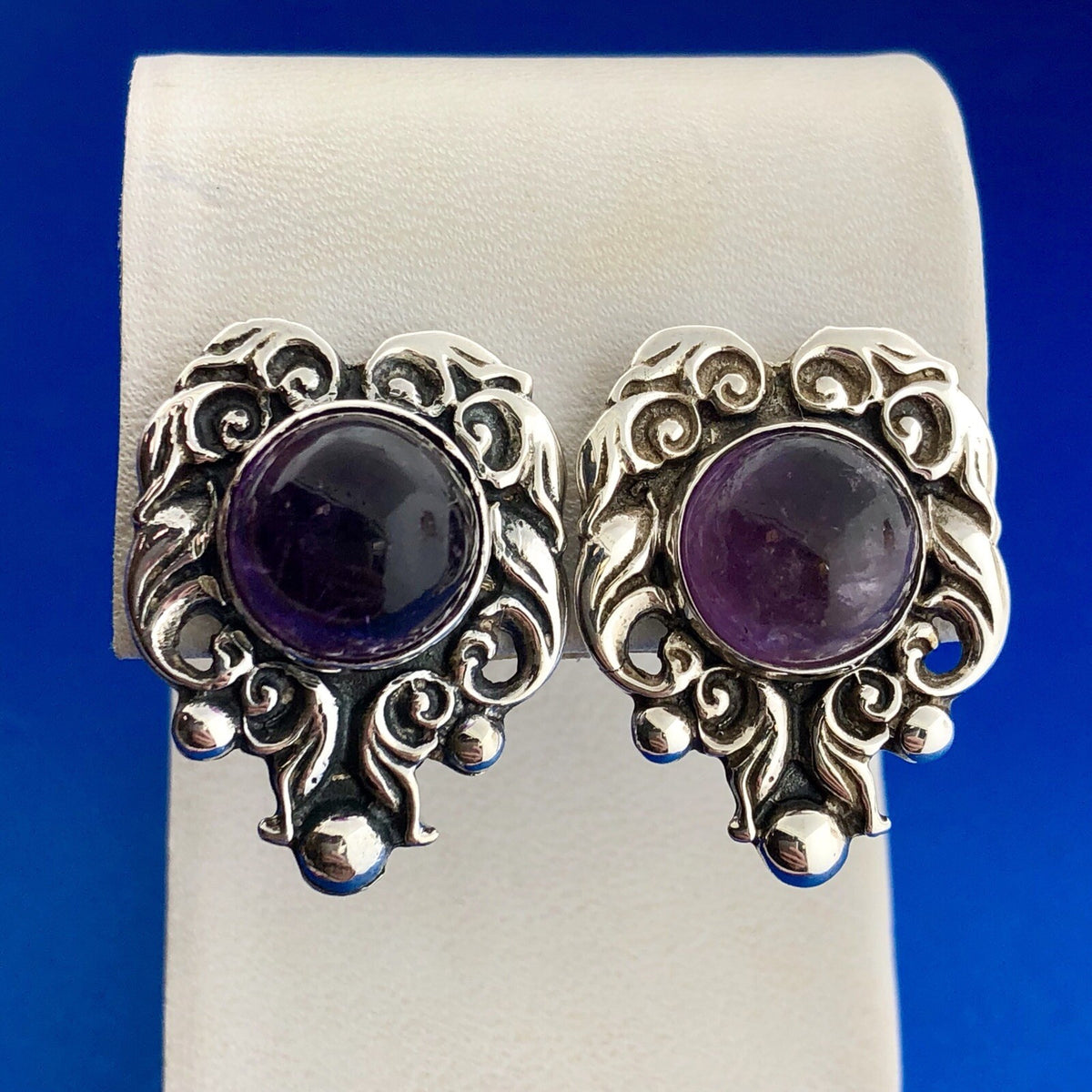 Taxco Ca 1940's ProSa Sterling Silver 925 Amethyst Ornate Screw Back Earrings