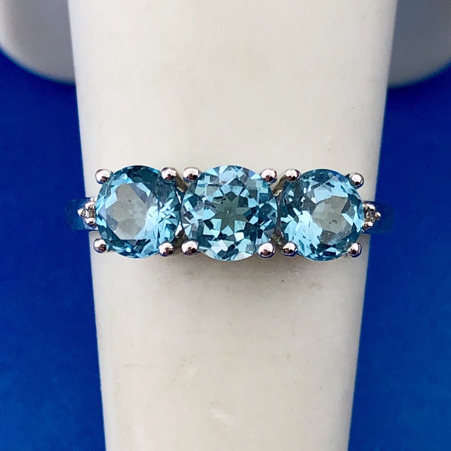 Designer 10K White Gold Blue Topaz Diamond Engagement Birthstone Cocktail Ring
