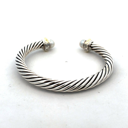 925 Sterling Silver David Yurman 14K Gold Pearl Classic Cable Cuff Bracelet
