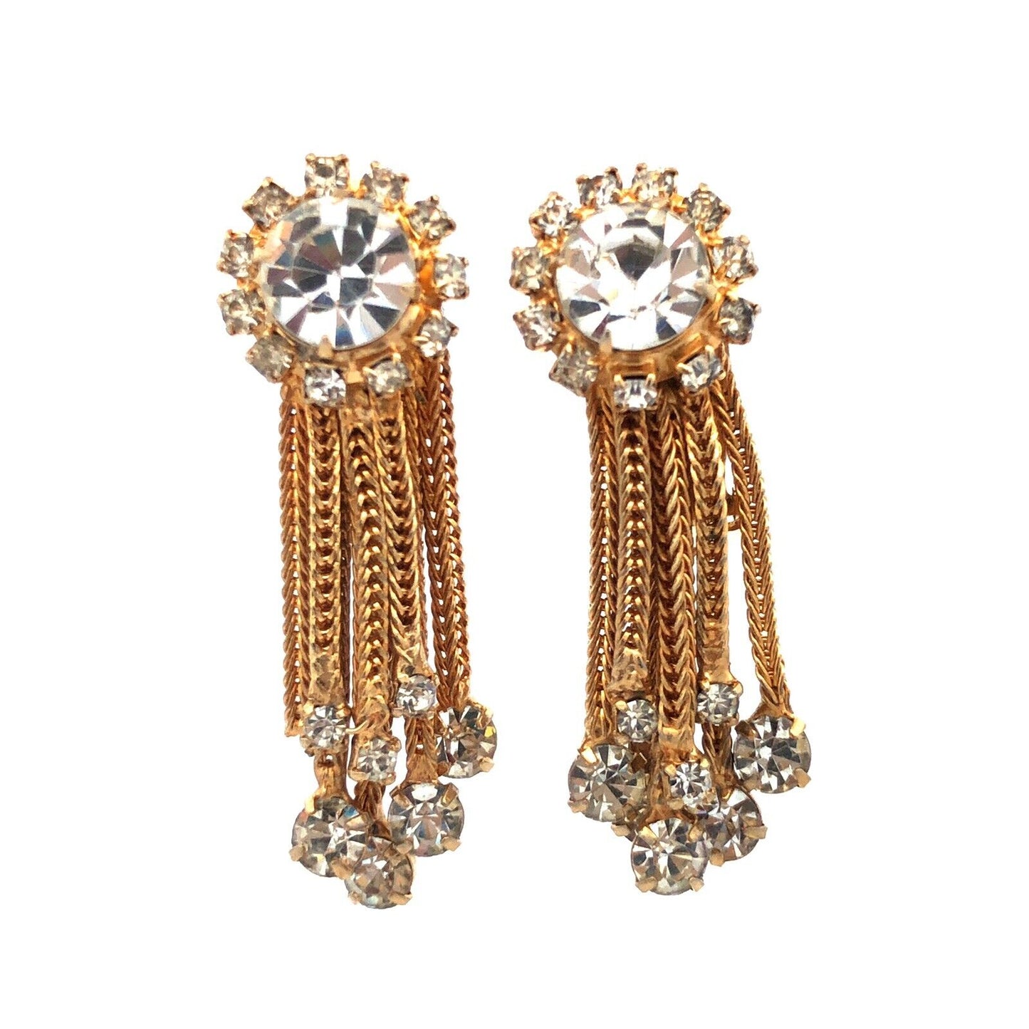 Mid Century Gold Tone Rhinestone Mesh Chain Statement Brooch Earrings 3 Pc Set