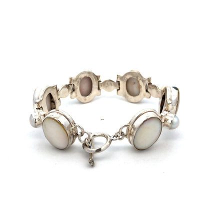 Vintage 925 Sterling Silver Oval Mother of Pearl Pearl Toggle Tennis Bracelet